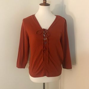 Burnt orange 3/4 sleeve lace up top Forever 21+
